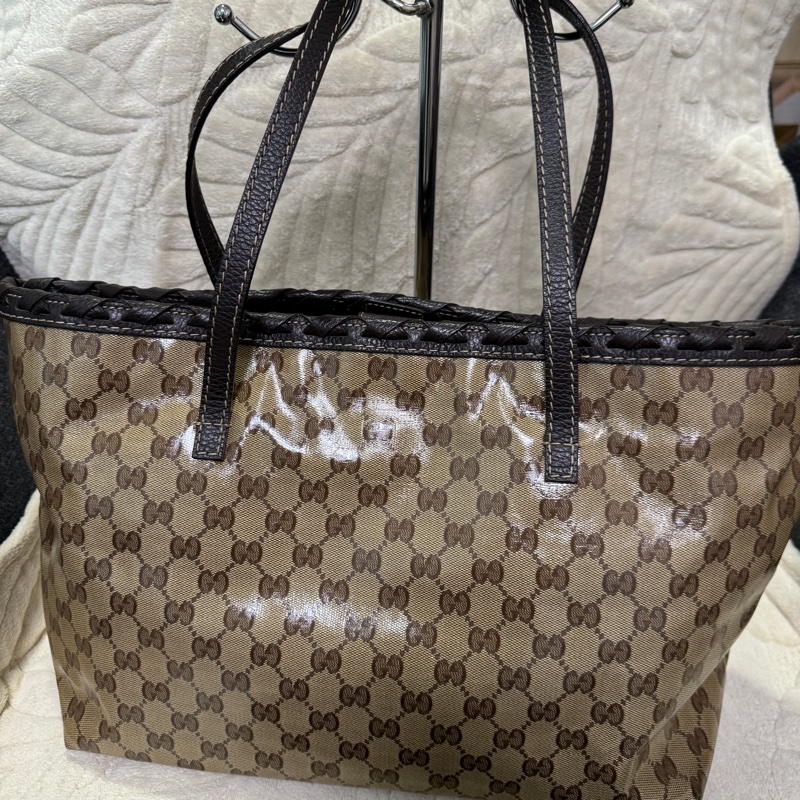 GUCCI 專櫃正品354665棕色PVC皮革 流蘇 購物包 肩背包 托特包-4