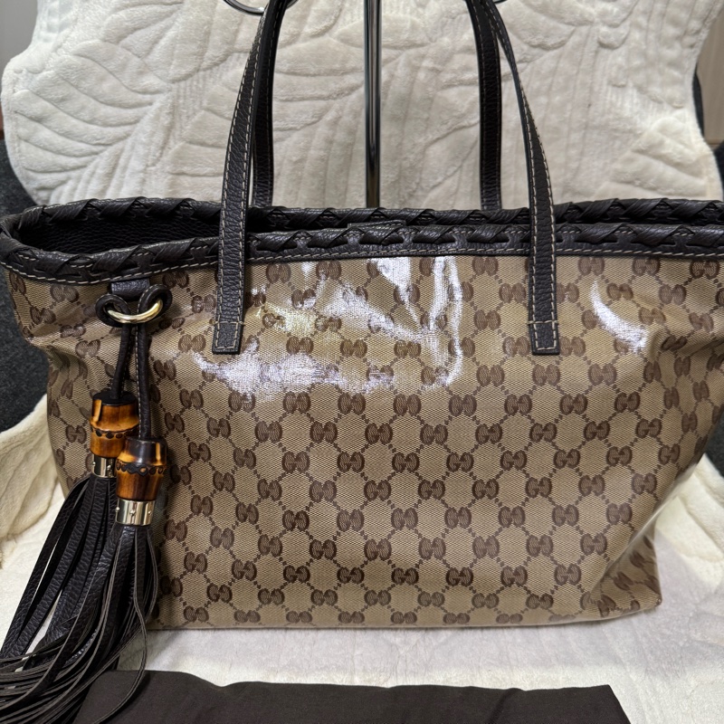 GUCCI 專櫃正品354665棕色PVC皮革 流蘇 購物包 肩背包 托特包-5