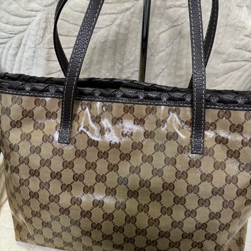 GUCCI 專櫃正品354665棕色PVC皮革 流蘇 購物包 肩背包 托特包-7
