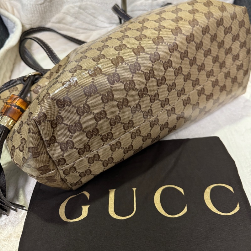 GUCCI 專櫃正品354665棕色PVC皮革 流蘇 購物包 肩背包 托特包-9