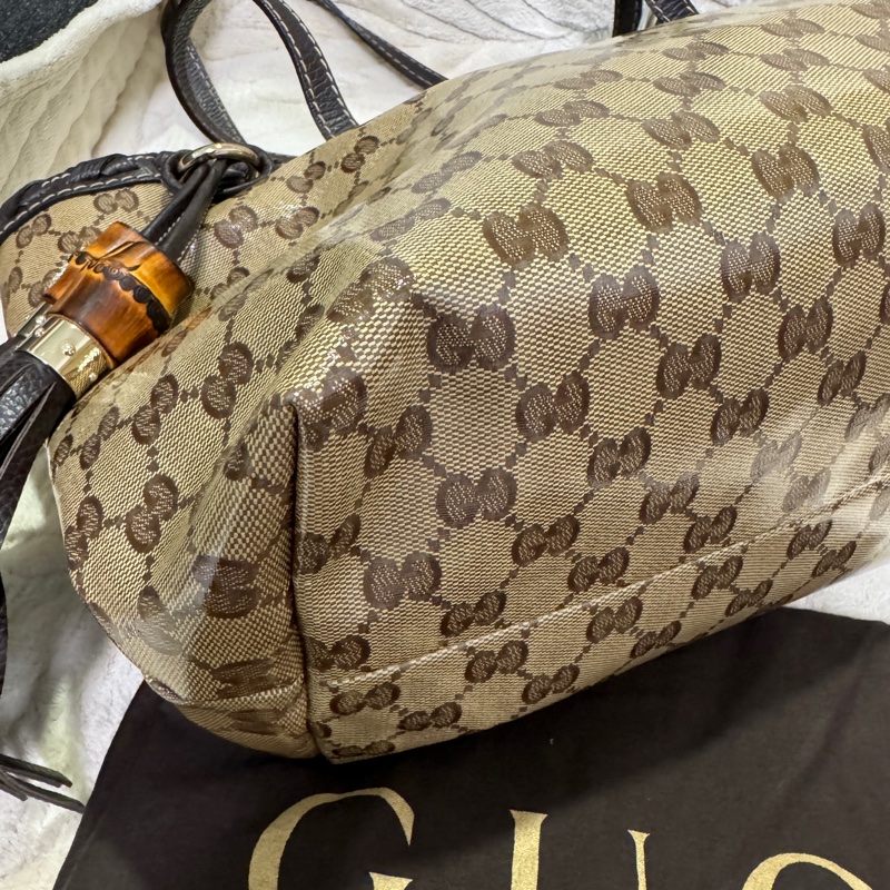 GUCCI 專櫃正品354665棕色PVC皮革 流蘇 購物包 肩背包 托特包-10