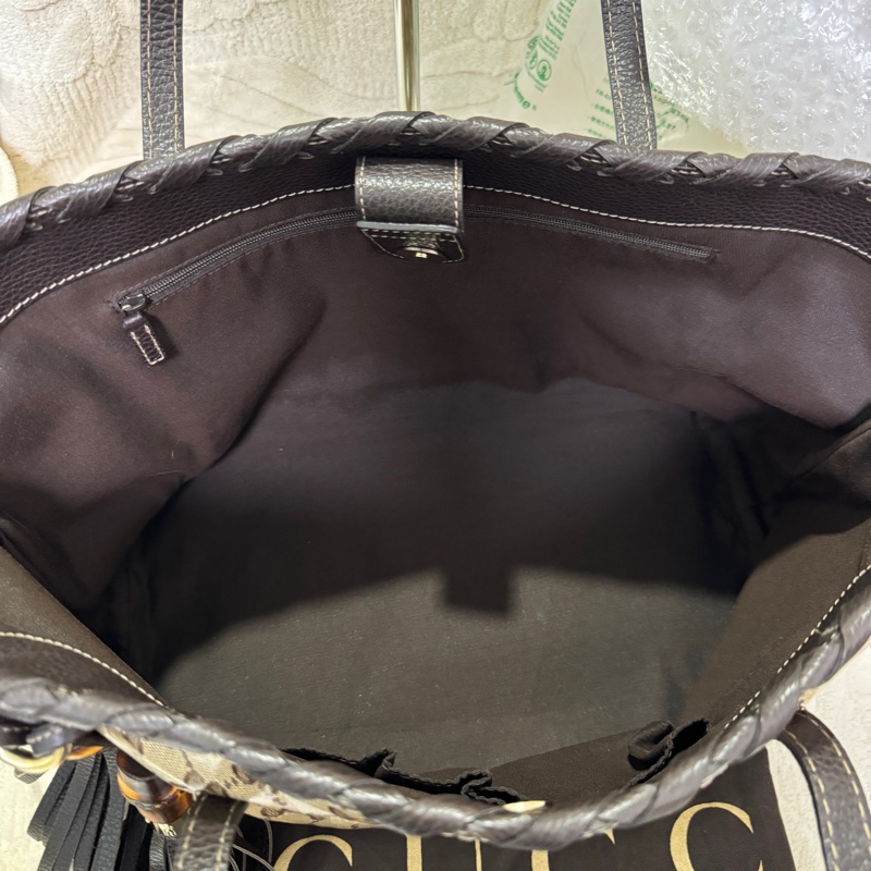 GUCCI 專櫃正品354665棕色PVC皮革 流蘇 購物包 肩背包 托特包-12