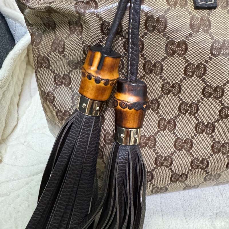 GUCCI 專櫃正品354665棕色PVC皮革 流蘇 購物包 肩背包 托特包-17