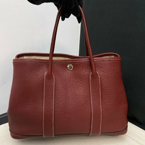 愛馬仕 花園包30 波爾多酒紅銀扣 手提包