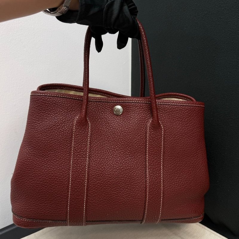 愛馬仕 花園包30 波爾多酒紅銀扣 手提包-1