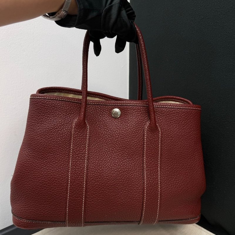 愛馬仕 花園包30 波爾多酒紅銀扣 手提包-6