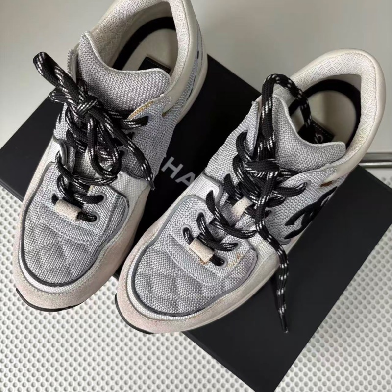 未穿過CHANEL香奈兒小牛皮女款球鞋休閒鞋灰白色 37.5碼-1