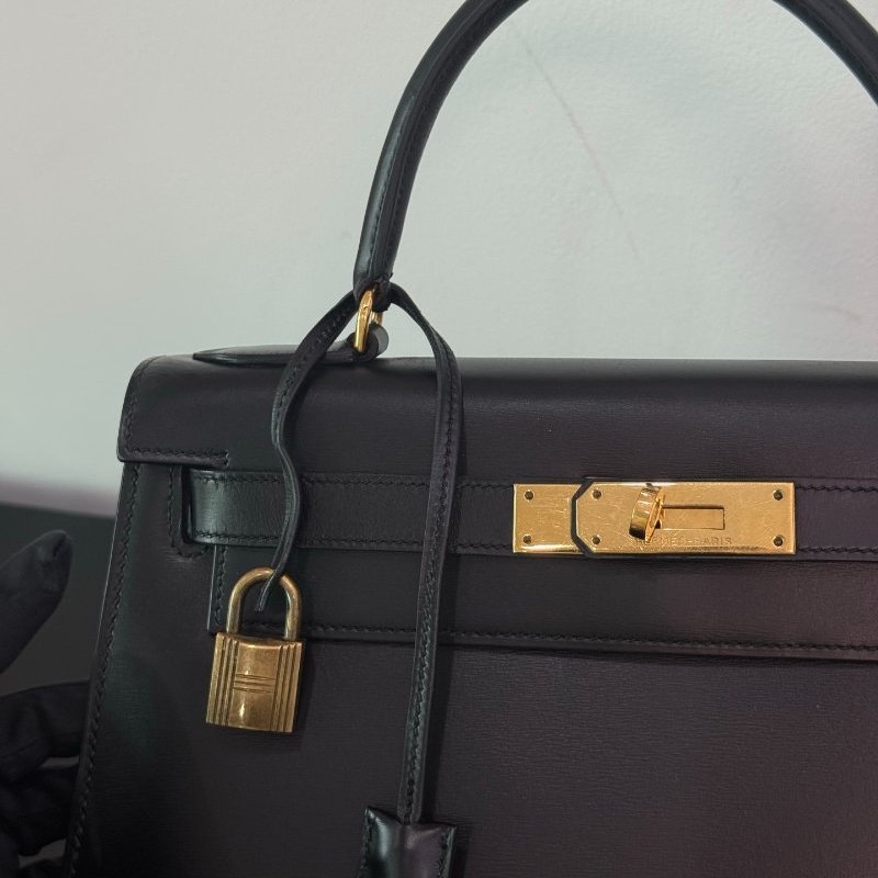 愛馬仕 Kelly28 黑金box外縫 手提包-10