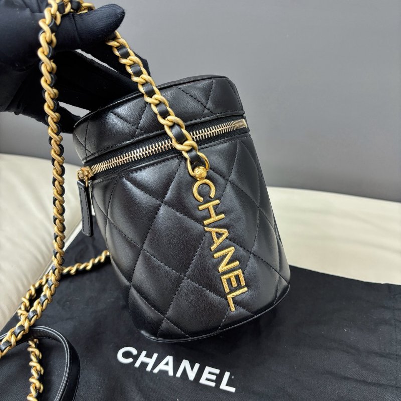 芯片款 香奈兒/Chanel 黑金羊皮圓桶鏈條包-2