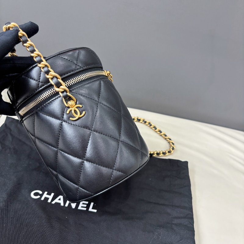 芯片款 香奈兒/Chanel 黑金羊皮圓桶鏈條包-3