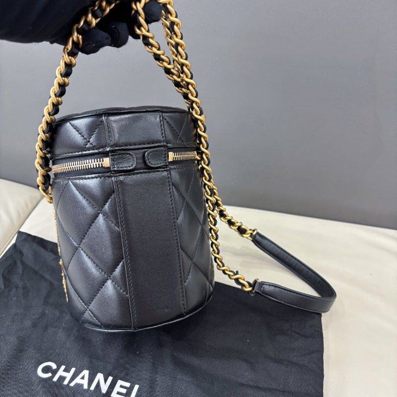 芯片款 香奈兒/Chanel 黑金羊皮圓桶鏈條包-6