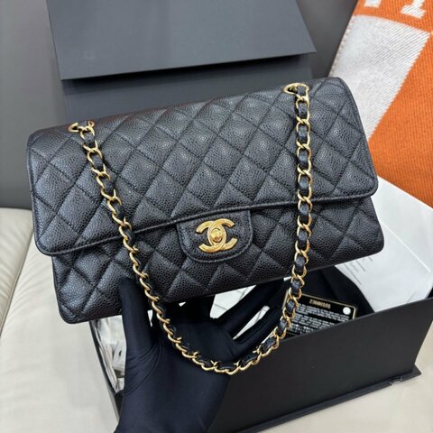 香奈兒/Chanel 黑金荔枝紋牛皮cf中號鏈條包