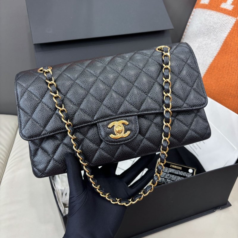 香奈兒/Chanel 黑金荔枝紋牛皮cf中號鏈條包-5