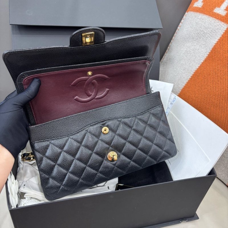 香奈兒/Chanel 黑金荔枝紋牛皮cf中號鏈條包-8