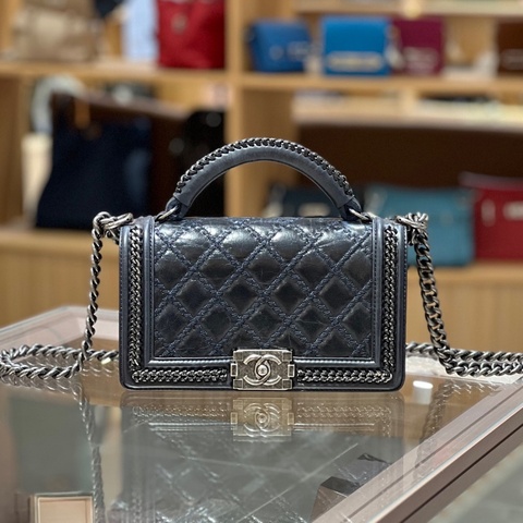 Chanel香奈儿宫廷手柄Leboy黑银山羊皮拼牛皮链条包