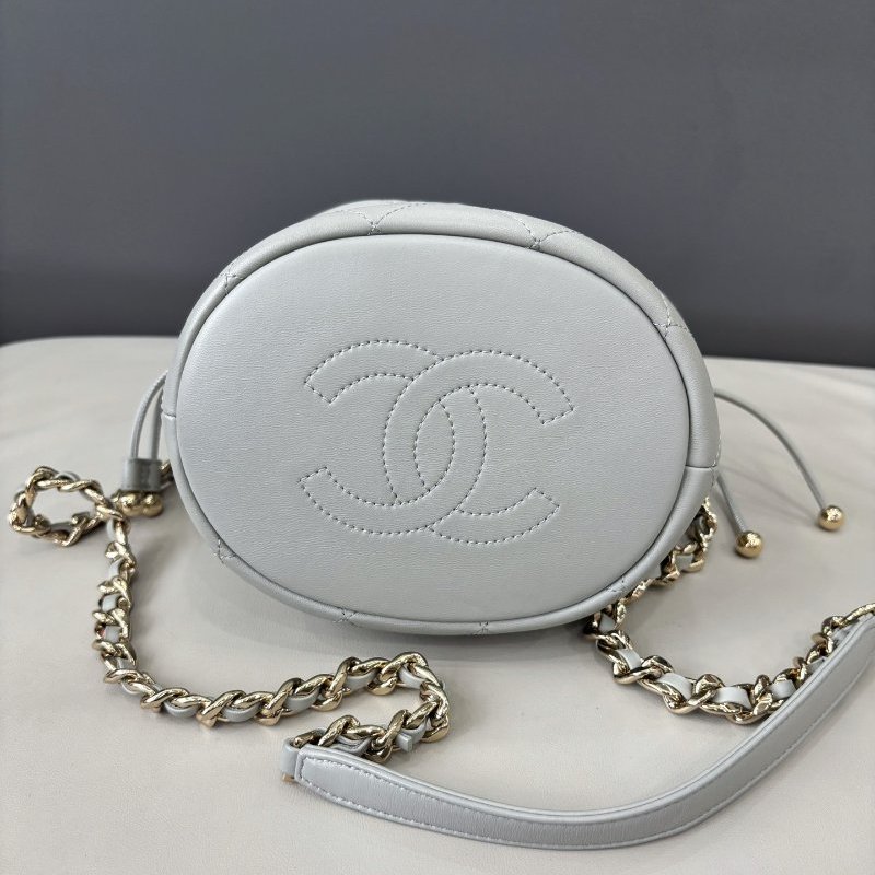 芯片款 香奈兒/Chanel 淺灰色抽繩水桶包-5