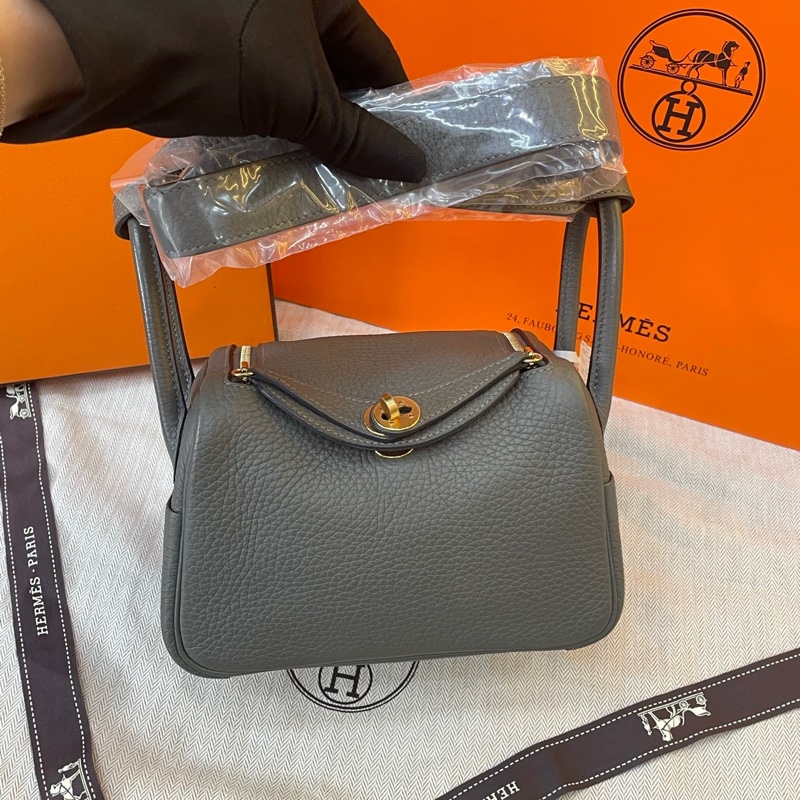 Hermes 愛馬仕mini Lindy 積雨雲灰金扣积-5