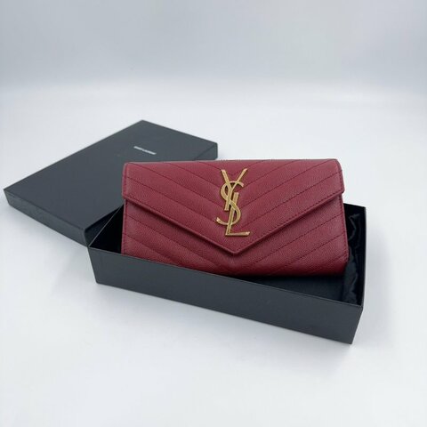 YSL紅色金釦粒紋牛皮山形紋下蓋長夾372264