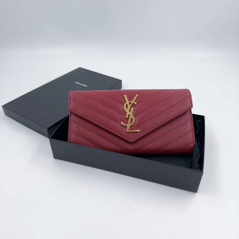 YSL紅色金釦粒紋牛皮山形紋下蓋長夾372264-0