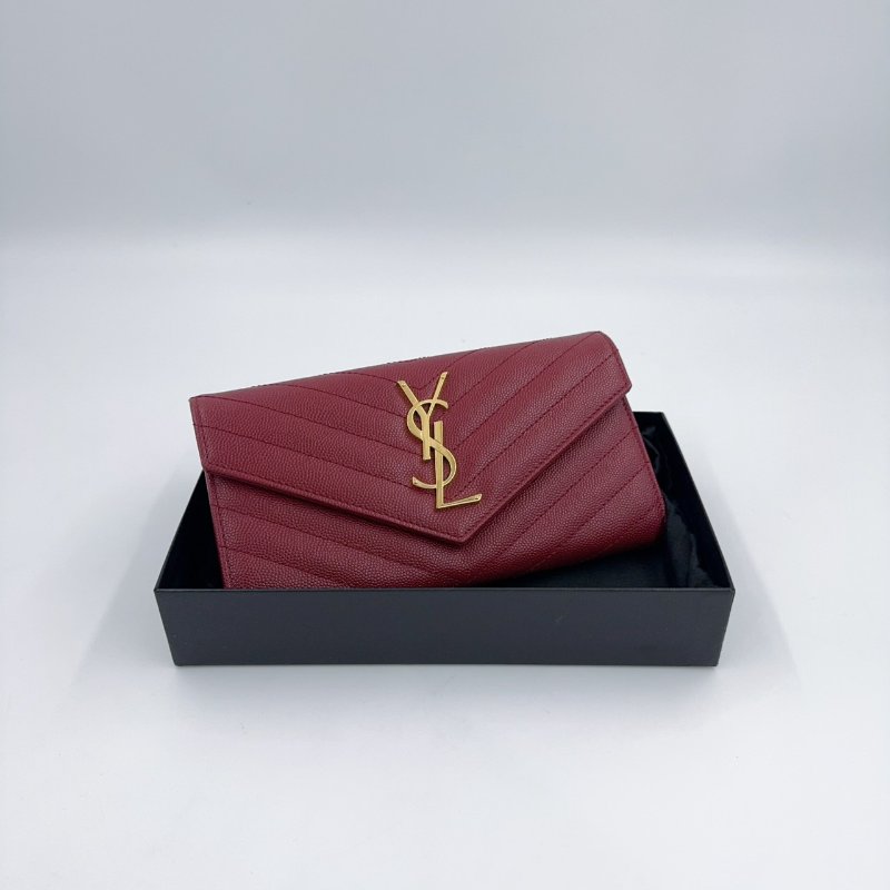 YSL紅色金釦粒紋牛皮山形紋下蓋長夾372264-1