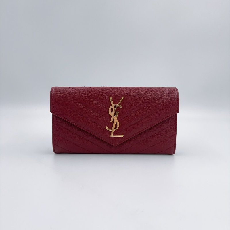 YSL紅色金釦粒紋牛皮山形紋下蓋長夾372264-2