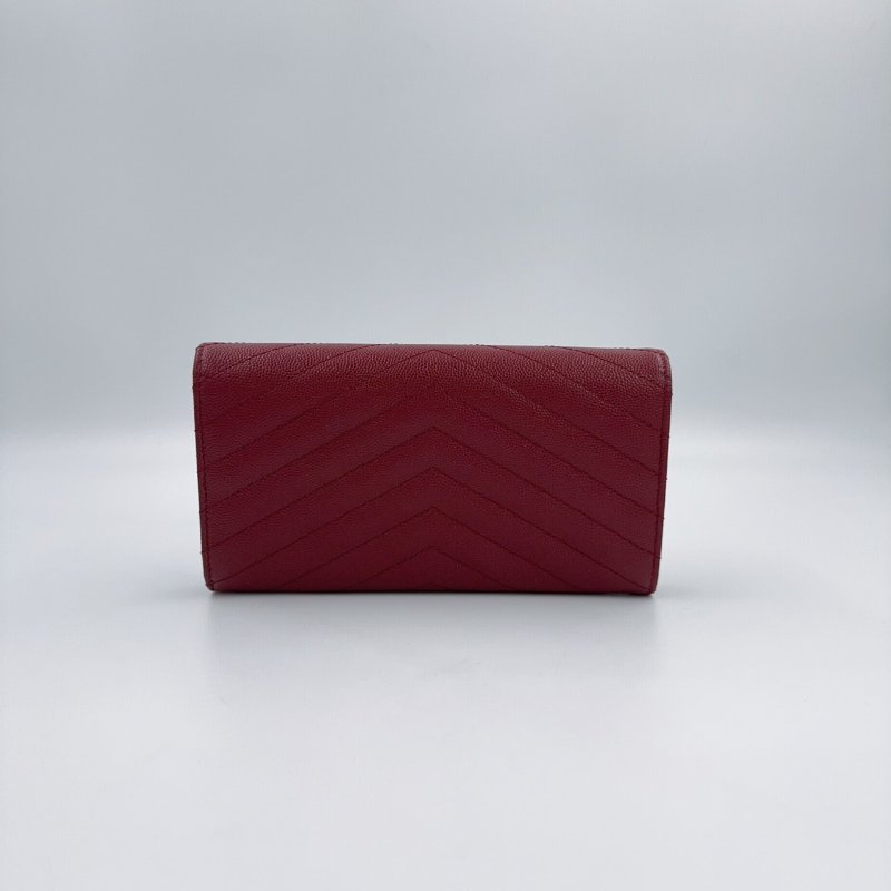 YSL紅色金釦粒紋牛皮山形紋下蓋長夾372264-4