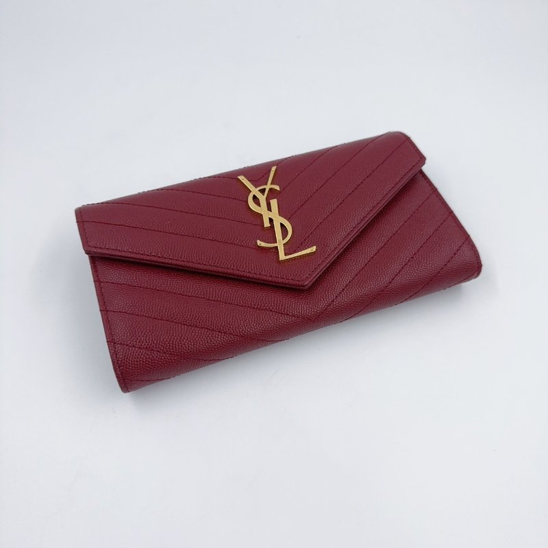 YSL紅色金釦粒紋牛皮山形紋下蓋長夾372264-5