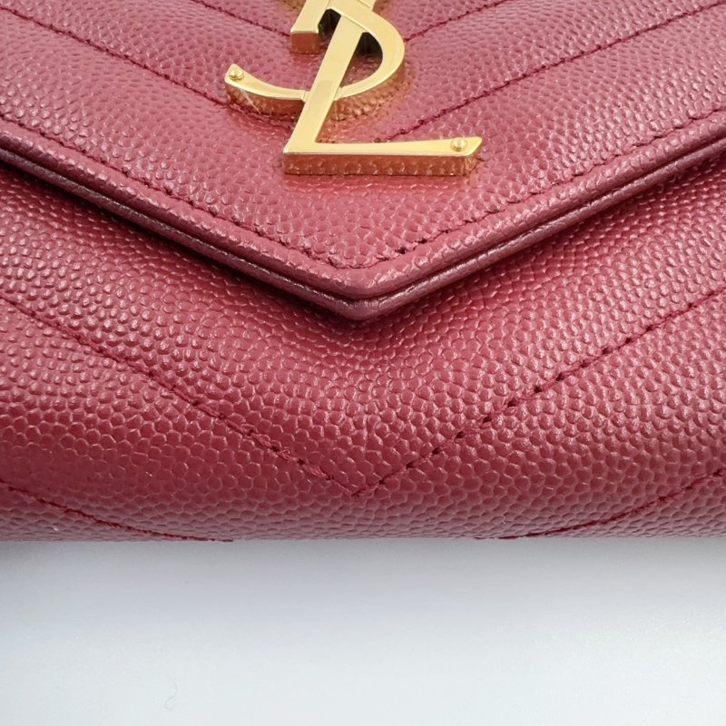 YSL紅色金釦粒紋牛皮山形紋下蓋長夾372264-8