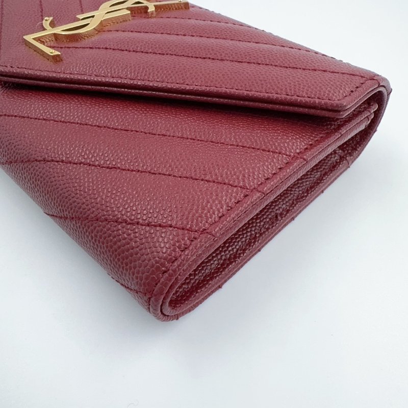 YSL紅色金釦粒紋牛皮山形紋下蓋長夾372264-10