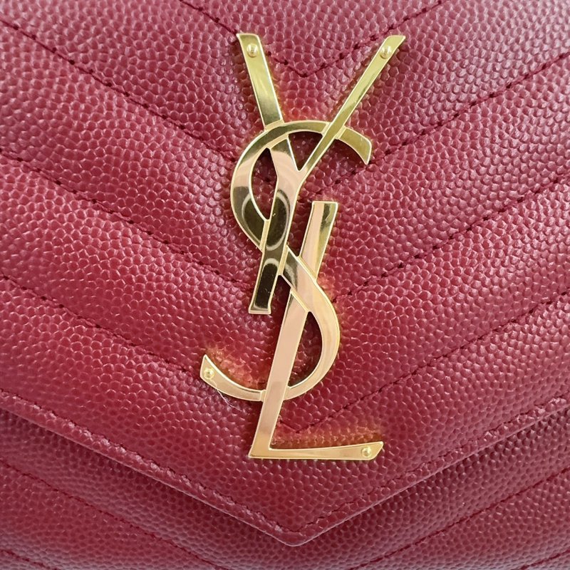 YSL紅色金釦粒紋牛皮山形紋下蓋長夾372264-12