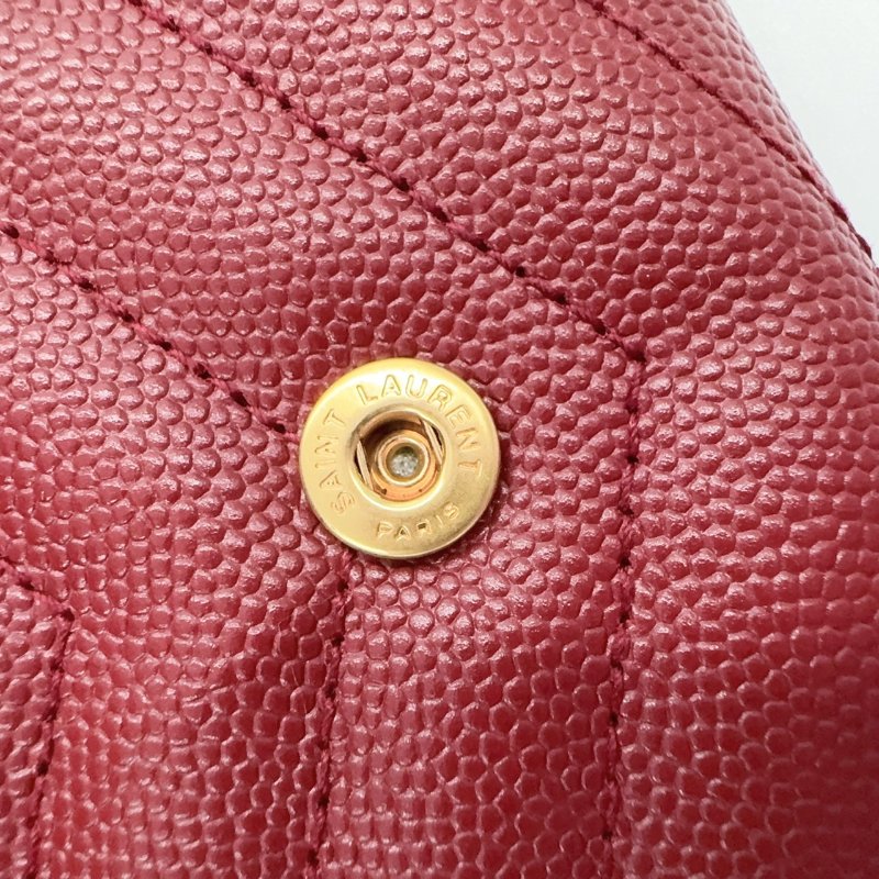 YSL紅色金釦粒紋牛皮山形紋下蓋長夾372264-13