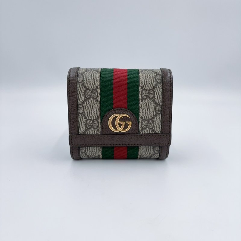 GUCCI老花拼綠紅綠織帶OPHIDIA下蓋零錢短夾598662-1