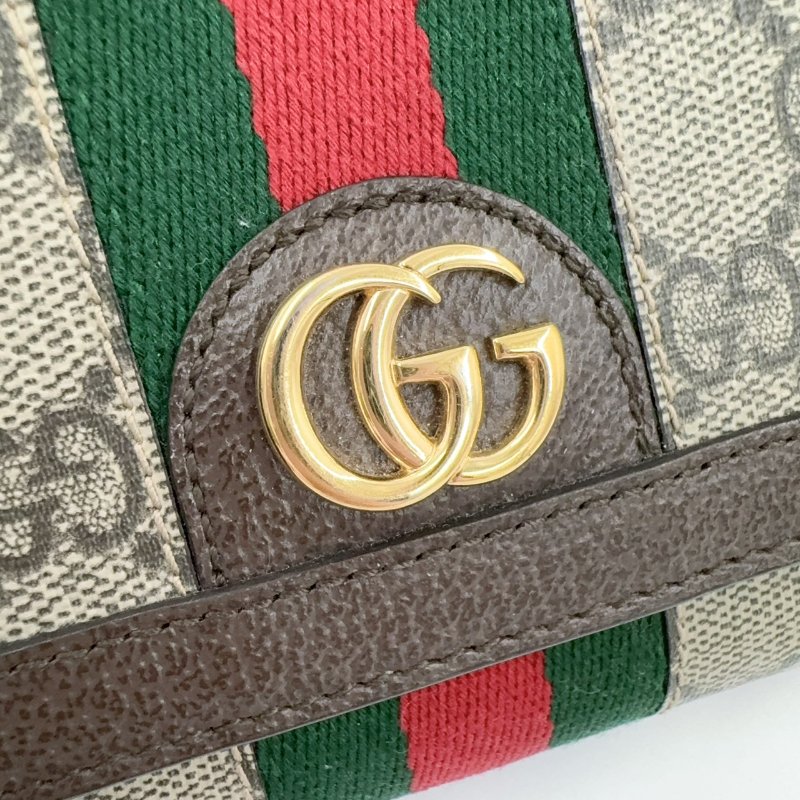 GUCCI老花拼綠紅綠織帶OPHIDIA下蓋零錢短夾598662-13