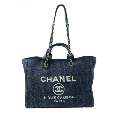 CHANEL 帆布Deauville Tote銀扣鏈帶手挽肩背兩用袋