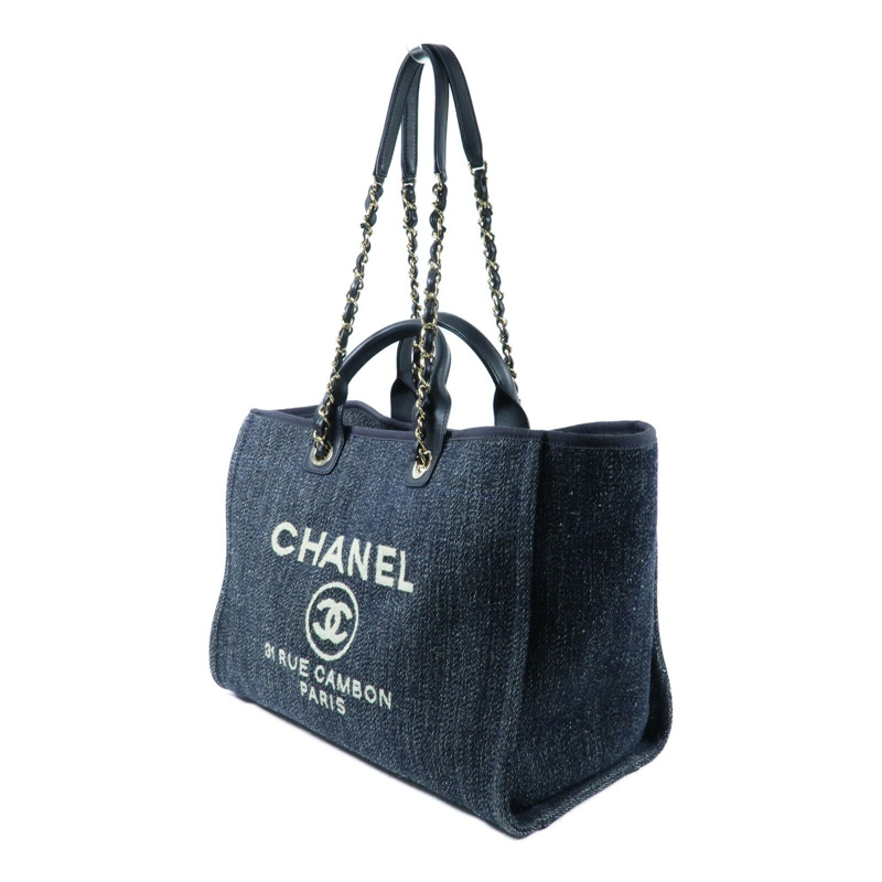CHANEL 帆布Deauville Tote銀扣鏈帶手挽肩背兩用袋-1