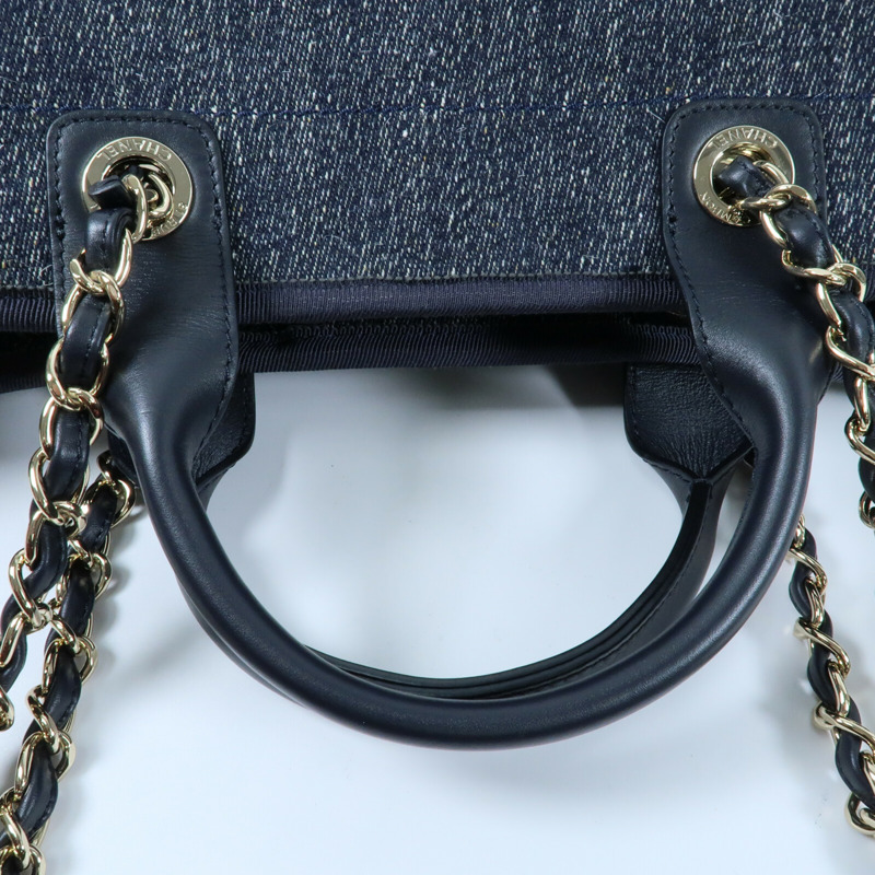 CHANEL 帆布Deauville Tote銀扣鏈帶手挽肩背兩用袋-9