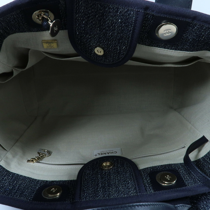 CHANEL 帆布Deauville Tote銀扣鏈帶手挽肩背兩用袋-11