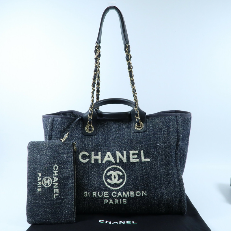 CHANEL 帆布Deauville Tote銀扣鏈帶手挽肩背兩用袋-14