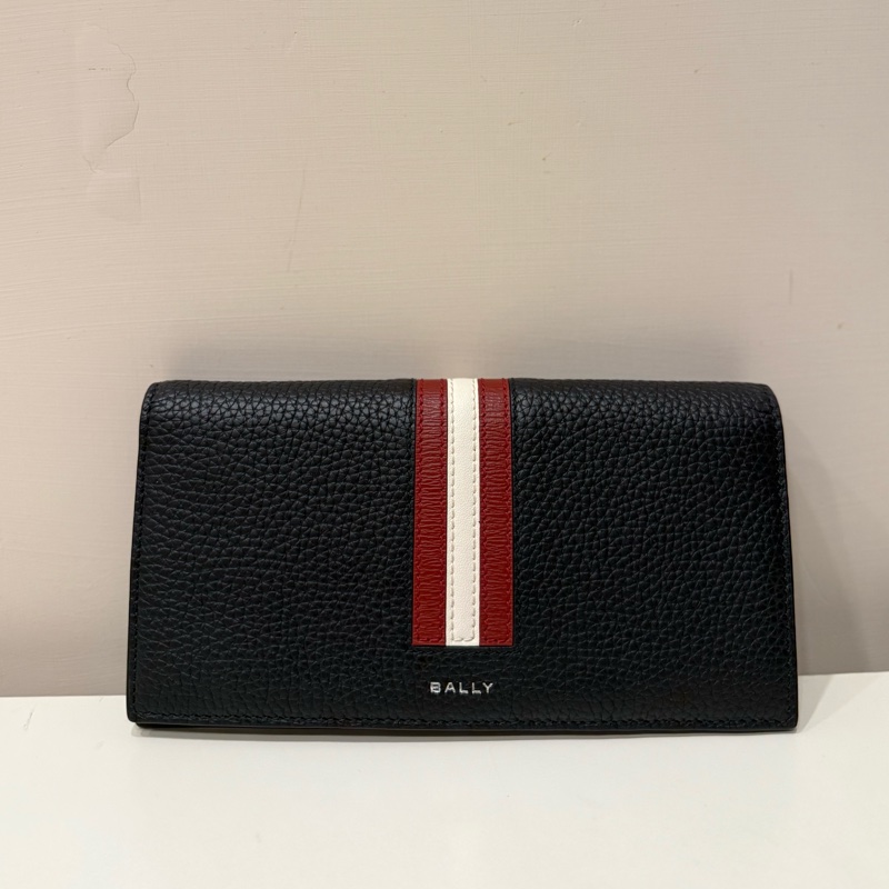 Bally Ribbon紅白條紋牛皮對開長夾（黑色）-0
