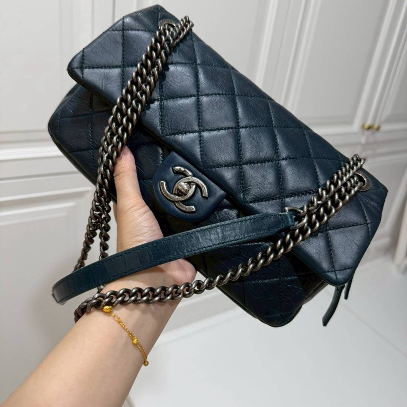 Chanel 香奈兒 孟買 CF 海軍藍 油蠟牛皮 Easy Coco 肩背包 斜背包 手提包 側背包-0