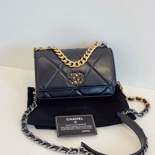 香奈兒/Chanel 19bag WOC黑金菱格鏈條包-5