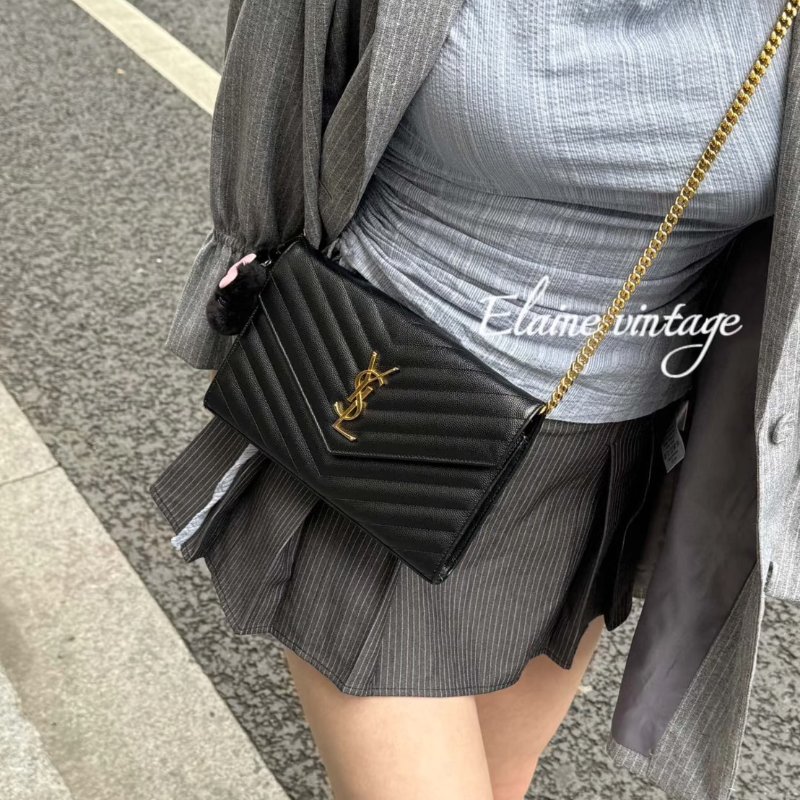 YSL 經典V紋粒面牛皮WOC - 22 黑金-1
