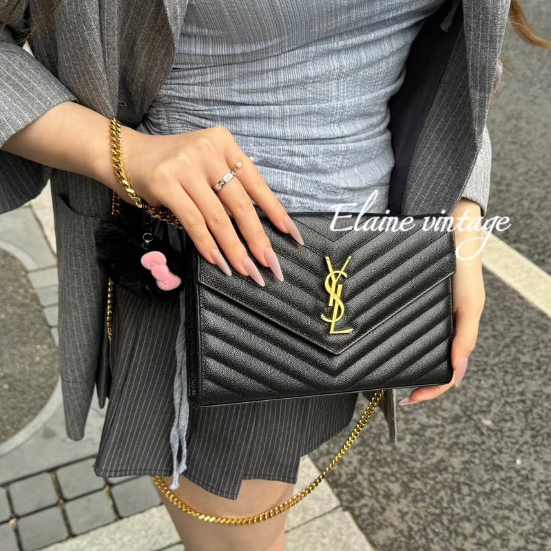 YSL 經典V紋粒面牛皮WOC - 22 黑金-11