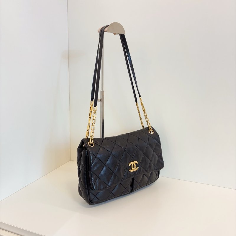 香奈兒/Chanel 黑金牛皮雙口袋CF Jumbo雙鏈條機場包-2