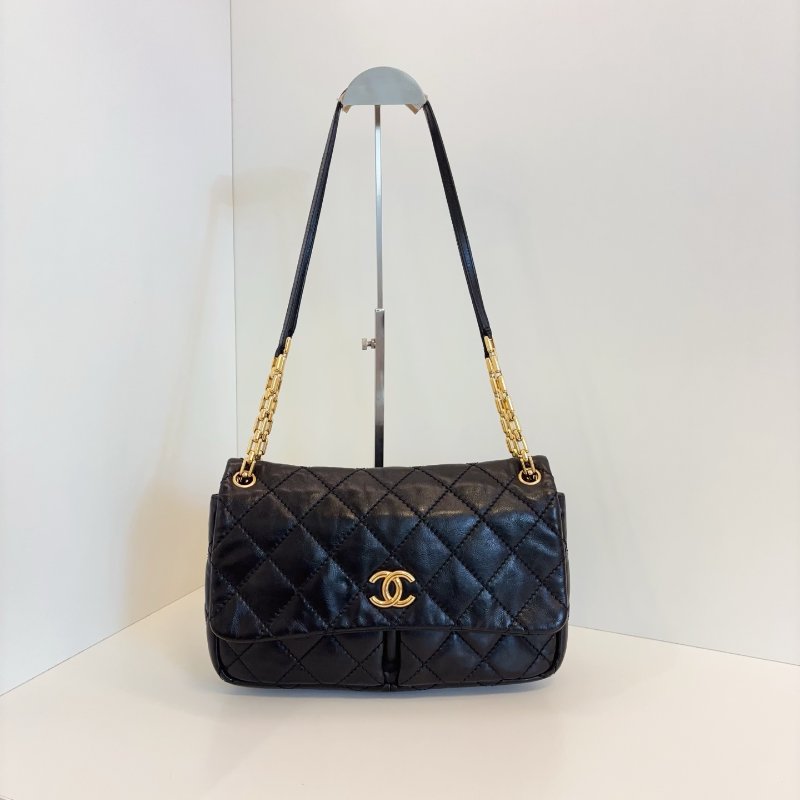 香奈兒/Chanel 黑金牛皮雙口袋CF Jumbo雙鏈條機場包-5