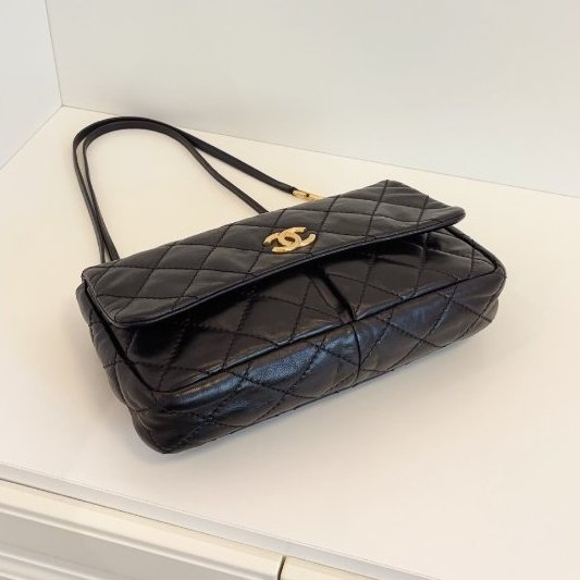 香奈兒/Chanel 黑金牛皮雙口袋CF Jumbo雙鏈條機場包-7