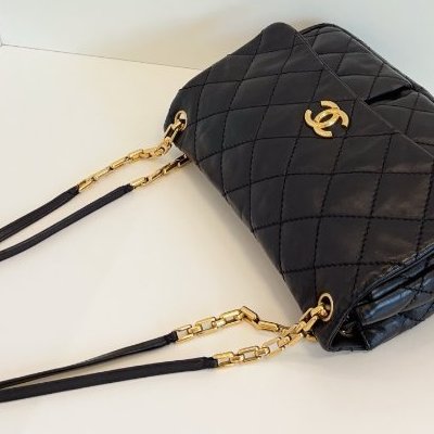 香奈兒/Chanel 黑金牛皮雙口袋CF Jumbo雙鏈條機場包-9