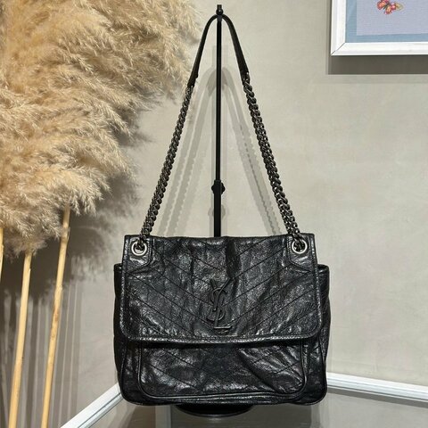 YSL Niki 小牛皮手袋 - 中號黑字銀鍊