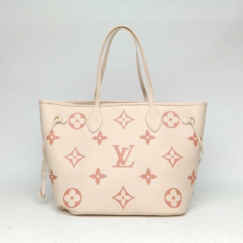 LOUIS VUITTON Neverfull中號米白色牛皮金扣晶片老花壓紋肩背包