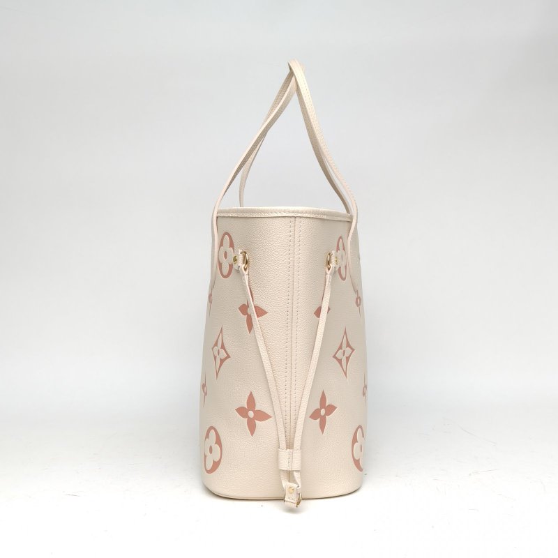 LOUIS VUITTON Neverfull中號米白色牛皮金扣晶片老花壓紋肩背包-1